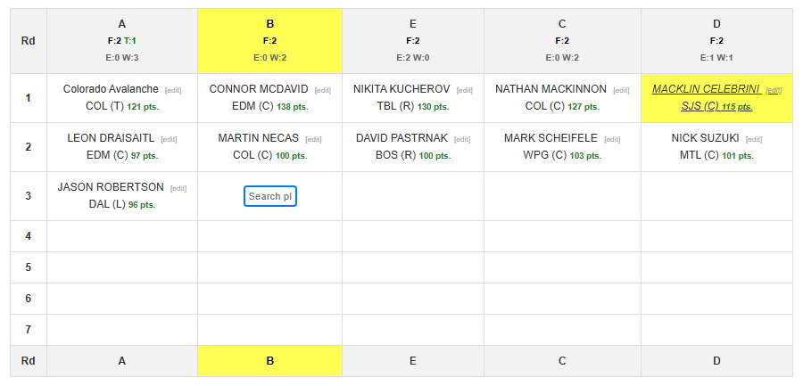 Draft grid with team names at the top and bottom, and the team on the clock highlighted in yellow