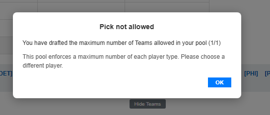 Pop-up preventing a pick that would exceed a player-type limit