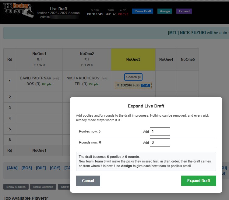 The Expand Live Draft pop-up for adding poolies and rounds to a draft in progress